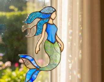 Handmade Mermaid Stained Glass Suncatcher, Ocean Mermaid Window Hanging, Fantasy Decor, Mermaid Lover Gift