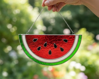 Handmade Watermelon Stained Glass Suncatcher, Fruit Window Hanging, Summer Kitchen Décor, Glass Art Gift