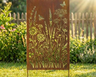 Pollinator Garden Metal Screen - Wildflower and Butterfly Privacy Panel, Botanical Yard Art