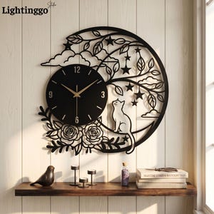 Cat Moon Metal Wall Clock, Cat Rose Wall Art Decor, Fairy Celestial Gift, Bedroom Decor