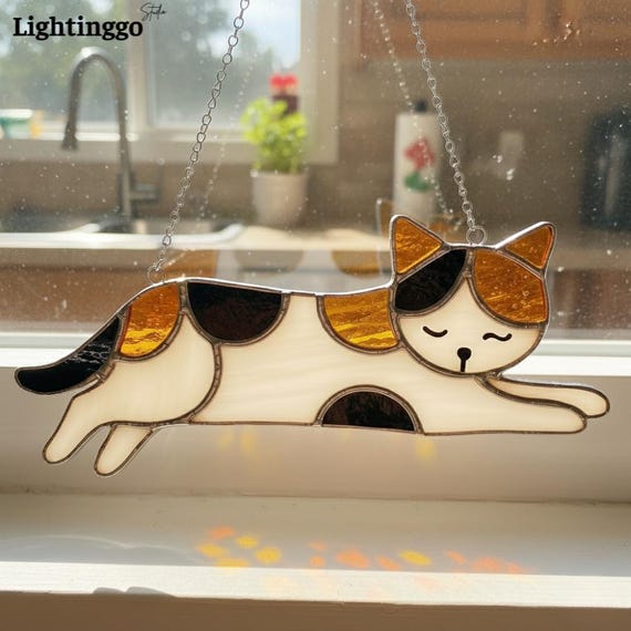 Calico Cat Stained Glass Suncatcher, Cat Window Hanging, Pet Lover Gift, Handmade Gift For Mom