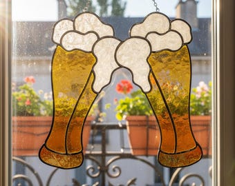 Beer Glasses Stained Glass Suncatcher, Cheers Window Hanging, Bar Decor Gift, Home Pub Beer Style Art