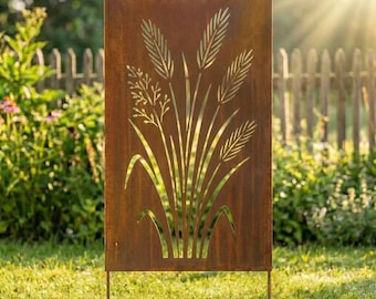 Pantalla metálica para jardín con diseño de pasto varilla - Panel botánico para privacidad al aire libre, separador decorativo para patio