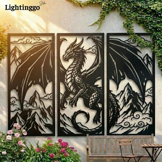 Dragon Metal Wall Art, 3 Panel Garden Screen, Privacy Panel