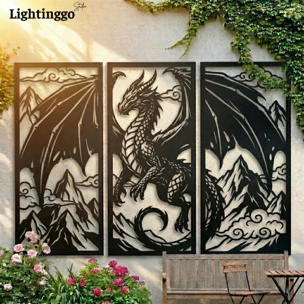 Dragon Metal Wall Art, 3 Panel Garden Screen, Privacy Panel