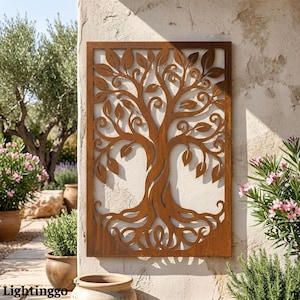 May include: A rectangular, rust-colored metal wall art piece featuring a tree design. The tree has a detailed trunk, branches, leaves, and roots, all cut out within a rectangular frame. The artwork is mounted on a textured, light-colored wall.