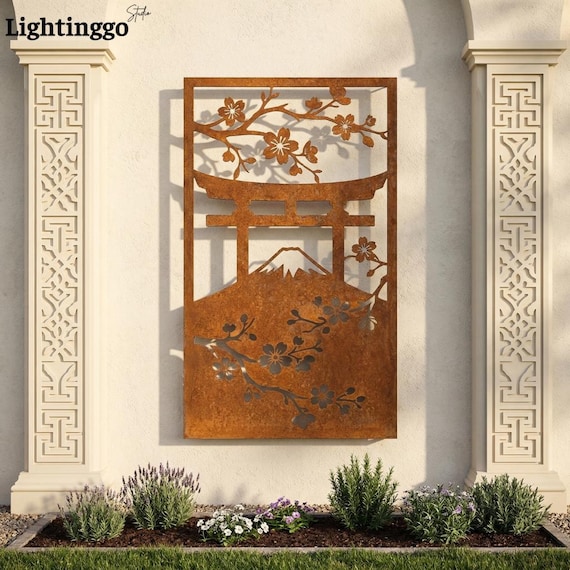 Japanese Metal Garden Panel Mount Fuji & Cherry Blossom Privacy