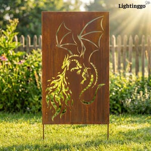 May include: A rectangular, weathered metal garden art piece featuring a cut-out dragon design. The dragon is depicted breathing fire. The piece is mounted on two metal stakes and is set in a grassy yard. The text "Lightinggo" is in the upper right corner.