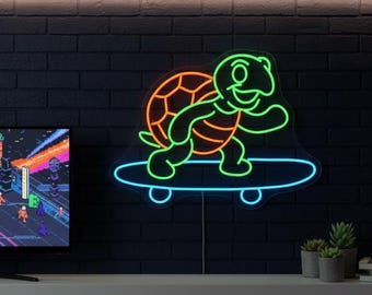 Turtle Neon Sign, Skateboarding LED Light, Gamer Room Neon Decor, Cartoon Neon Wall Art