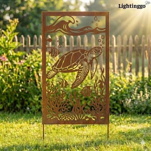 May include: A rectangular, rust-colored metal garden art piece featuring a sea turtle, fish, and aquatic plants. The design includes a wave at the top and bubbles, creating an underwater scene. The piece is staked into the ground.