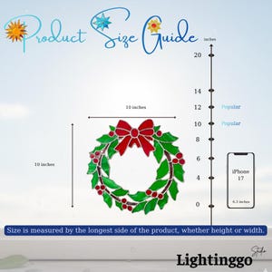 May include: A stained glass Christmas wreath with a red bow and berries, measuring 10 inches in diameter. The image includes a size guide and the text "Product Size Guide" and "Lightinggo".