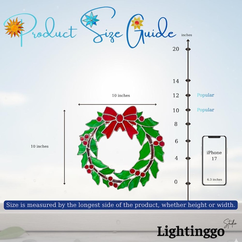 May include: A stained glass Christmas wreath with a red bow and berries, measuring 10 inches in diameter. The image includes a size guide and the text "Product Size Guide" and "Lightinggo".