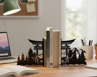 Japanese Torii Gate Bookends,  Metal Mountain Landscape Book Ends for Home & Office, Unique Torii Gate Book Holder