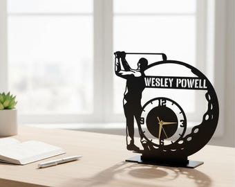 Orologio da tavolo da golf personalizzato in metallo, orologio da tavolo da golf personalizzato con nome, regalo per gli amanti del golf, decorazione per mazze da golf, decorazione per scrivania da ufficio