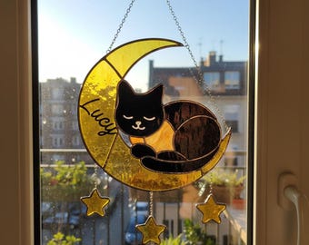 ステンドグラスの黒猫の花のサンキャッチャー、トラ猫のステンドグラス