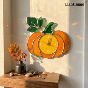 Pumpkin Stained Glass Wall Clock, Fall Decor, Farmhouse Kitchen Clock, Thanksgiving Gift