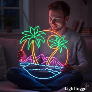 Strandneonskylt för väggdekoration i hemmet, tropiskt havs-LED-ljus, anpassad neonskylt, palmträdsväggdekoration, väggkonst med havsvågor