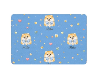 Tapete para comida de mascotas con estampado de Pomerania / 12x18 Diseño de lazo azul para perros