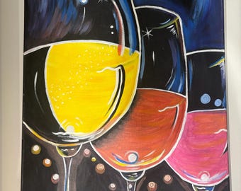 May include: Abstract painting of three wine glasses filled with yellow, red, and pink liquids. The glasses have white stems and are set against a dark background with blue and white accents. The artwork is signed in the bottom right corner.