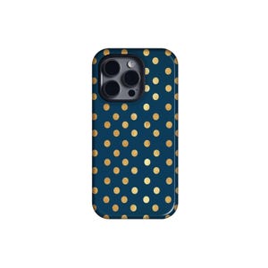 Polka Dot Phone Case | Navy Blue & Gold Retro Pattern | Cute Vintage Style | Playful Aesthetic,Cover for iPhone 16 15 14 13 12,Sumsung S24