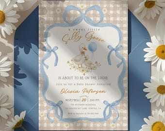 Editable Silly Goose Baby Shower Blue Invitation, Coquette Bow Goose Baby Shower Template, Blue Beige Boy Printable Digital Invite, BS25