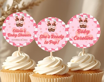 Editable She’s Ready To Pop Baby Shower Cupcake Topper, Printable Pink Soda Pop Stickers, Retro Cola Diner Party Label, Canva Template BS022