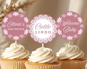 Pink Cielito Lindo Baby Shower Cupcake Topper, Printable Talavera Cupcake Toppers, Editable Cielito Lindo Dessert Topper Party Sticker BS004