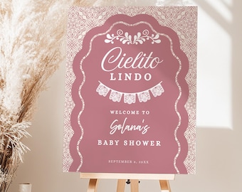 Pink Cielito Lindo Baby Shower Welcome Sign, Editable Cielito Lindo Baby Shower Welcome Sign, Mexican Talavera Welcome Poster, Papel Picado