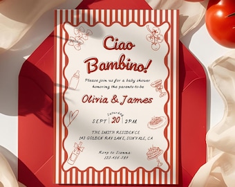 Invitación editable para baby shower "Ciao Bambino", plantilla italiana para baby shower, invitación neutra en rojo, con un toque caprichoso y dibujado a mano, BS023