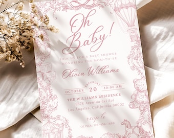 May include: A baby shower invitation with a pink floral design and the words "Oh Baby!". The invitation includes the name "Olivia Williams", date, time, and address. Decorative elements include a hot air balloon and a teddy bear.