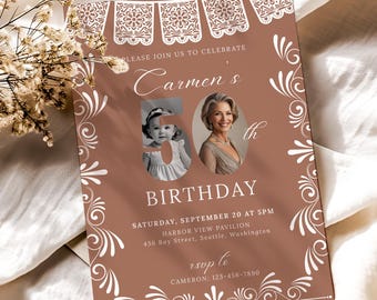 Editable Cielito Lindo 50th Birthday Invitation with Photo, Terracotta Talavera Birthday Template, Mexican Fiesta Invite, Papel Picado BA001