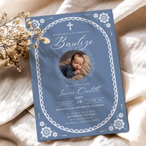 Editable Bautizo Invitacion with Photo, Blue Cielito Lindo Talavera Baptism Invitation Template, Bautizo Papel Picado Spanish Invite BP002