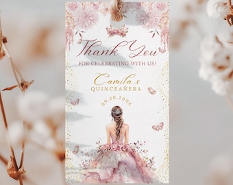 Pink Quinceañera Favor Tags Template, Editable Sweet 15 Thank You Tag, Mis Quince Años Party Decoration, Printable Quince Tag, XV Tag, BA002