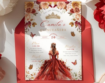 May include: A quinceañera invitation featuring a watercolor illustration of a young woman in a red gown. The invitation is surrounded by red and white flowers and a red envelope. The text reads "Camila's Quinceañera."