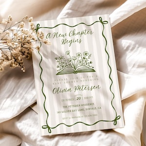 May include: A baby shower invitation with a cream and white striped design. The invitation features green text and a decorative border. The text reads "A New Chapter Begins" and includes details for Olivia Petersen's baby shower.