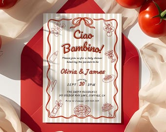 Plantilla de invitación para baby shower "Ciao Bambino", invitación editable para baby shower italiano, temática italiana caprichosa, dibujada a mano en rojo y beige, imprimible