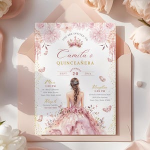 May include: A quinceañera invitation card featuring a watercolor illustration of a young woman in a pink gown. The card includes the text "Camila's Quinceañera" and event details, surrounded by floral and butterfly accents.