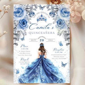 Blaue Quinceaños-Einladungsvorlage, Prinzessinnenkleid Sweet 15 Invite, Mis Quince Años Invitacion, bearbeitbare Quince Digital, Schmetterling, BA003
