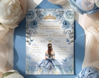 Editable Dusty Blue Quinceañera Invitation Template, Quinceanera Invite, Sweet 15 Invite, Mis Quince Años, Quince Dusty Blue Digital, BA002