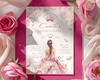 Modelo de convite rosa Quinceañera, convite editável Quinceanera, convite Sweet 15, Mis Quince Años Invitacion, Quince Pink Digital, BA002