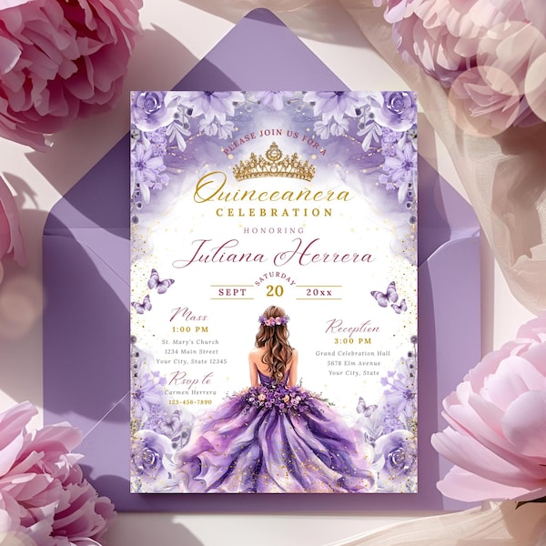Bearbeitbare lila Quinceamaßa Einladungsvorlage, Quinceanera einladen, Sweet 15 einladen, Mis Quince Años, Quitte Lila Digitaler Download, BA002