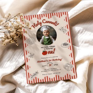 Editable Holy Cannoli First Birthday Invitation with Photo, Hand Drawn Italian Themed Party, Italian Party Invite, Ciao Baby Template BD003