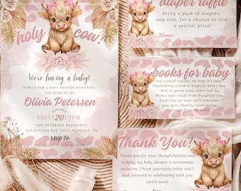 Editable Boho Highland Cow Girl Baby Shower Invitation Set, Pink Holy Cow Baby Shower Bundle w/ Diaper Raffle and Books for Baby Card, BS020