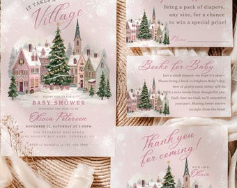 May include: A baby shower invitation set with a winter village theme. The invitation features a pink and white colour scheme with a detailed illustration of a snow-covered village and a Christmas tree. Includes a diaper raffle card, a book request card, and a thank you card.