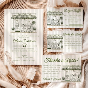 Op de afbeelding: Uitnodigingsset voor een babybrunch met een café-illustratie. De uitnodiging bevat details voor Olivia Petersens babybrunch, met RSVP-informatie en registergegevens. Extra kaarten bevatten een luierloterij, een boekenverzoek en een bedankbriefje.