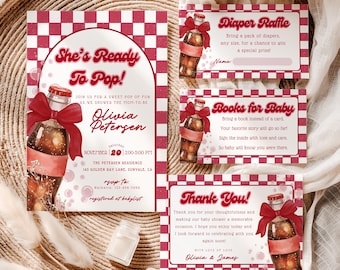Editable She’s Ready To Pop Baby Shower Invitation Set, Red and Pink Soda Pop Invite Bundle, Printable Diaper Raffle, Books for Baby, BS022