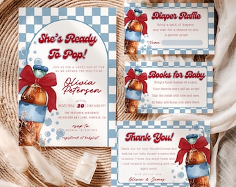 Invitaciones para baby shower "She's Ready To Pop" para niño, paquete editable de invitaciones a refresco azul y rojo, baby shower retro con refresco para niño, cafetería de cola, BS022