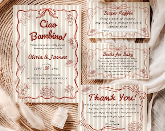 Plantilla de invitación para baby shower "Ciao Bambino", invitación editable italiana para baby shower, diseño imprimible con temática italiana dibujada a mano en rojo y beige, BS016
