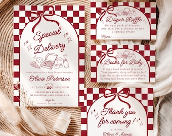 Special Delivery Baby Shower Invitation Bundle, Pizza Baby Invite Set, Editable Italian Food Theme Hand Drawn Style Bundle Template, BS28