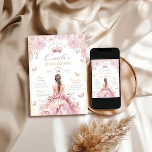 A printable pink and gold quinceañera invitation template featuring a watercolor flower border, a princess in a pink gown facing away, delicate butterflies, and a tiara design. Editable digital file for Mis Quince Años or Sweet 15 celebration.